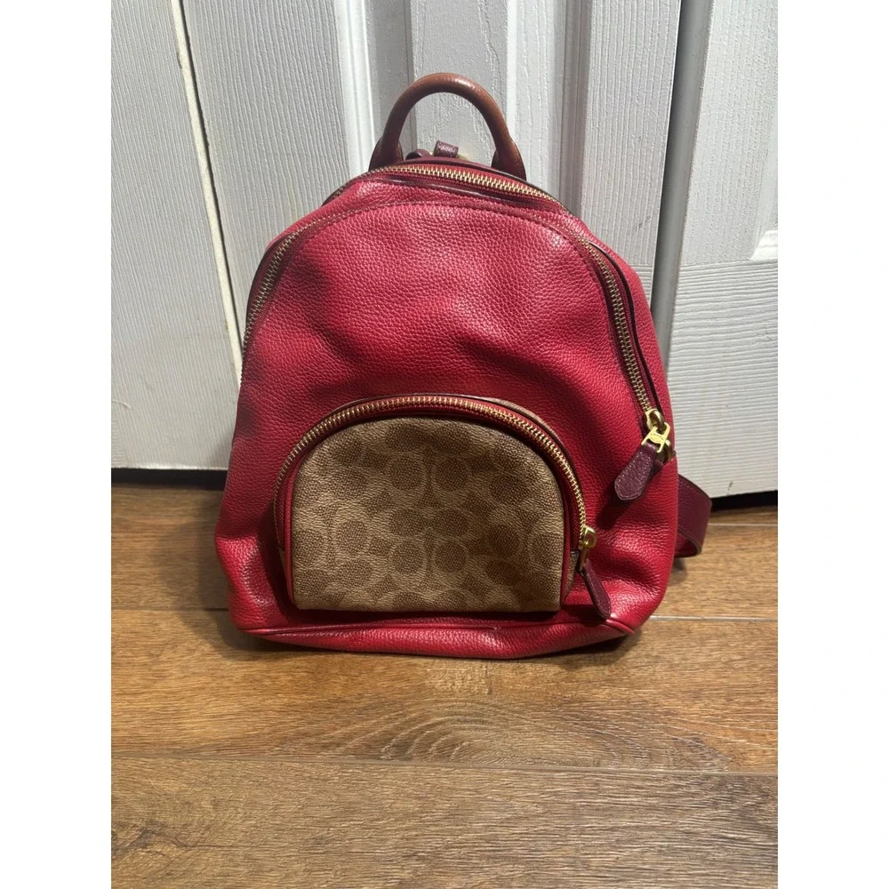 Coach Signature Canvas Leather Backpack Red Burgundy‎ Gold Tone Hardware Mini